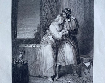 1836 Conrad and Medora Original Antique Print - Engraving - The Corsair by Lord Byron - Poetry - Mounted and Matted - Available Framed