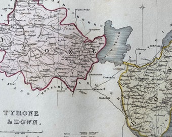1840 Tyrone and Down Original Antique Map - County Map - Ireland - Mounted and Matted - Available Framed