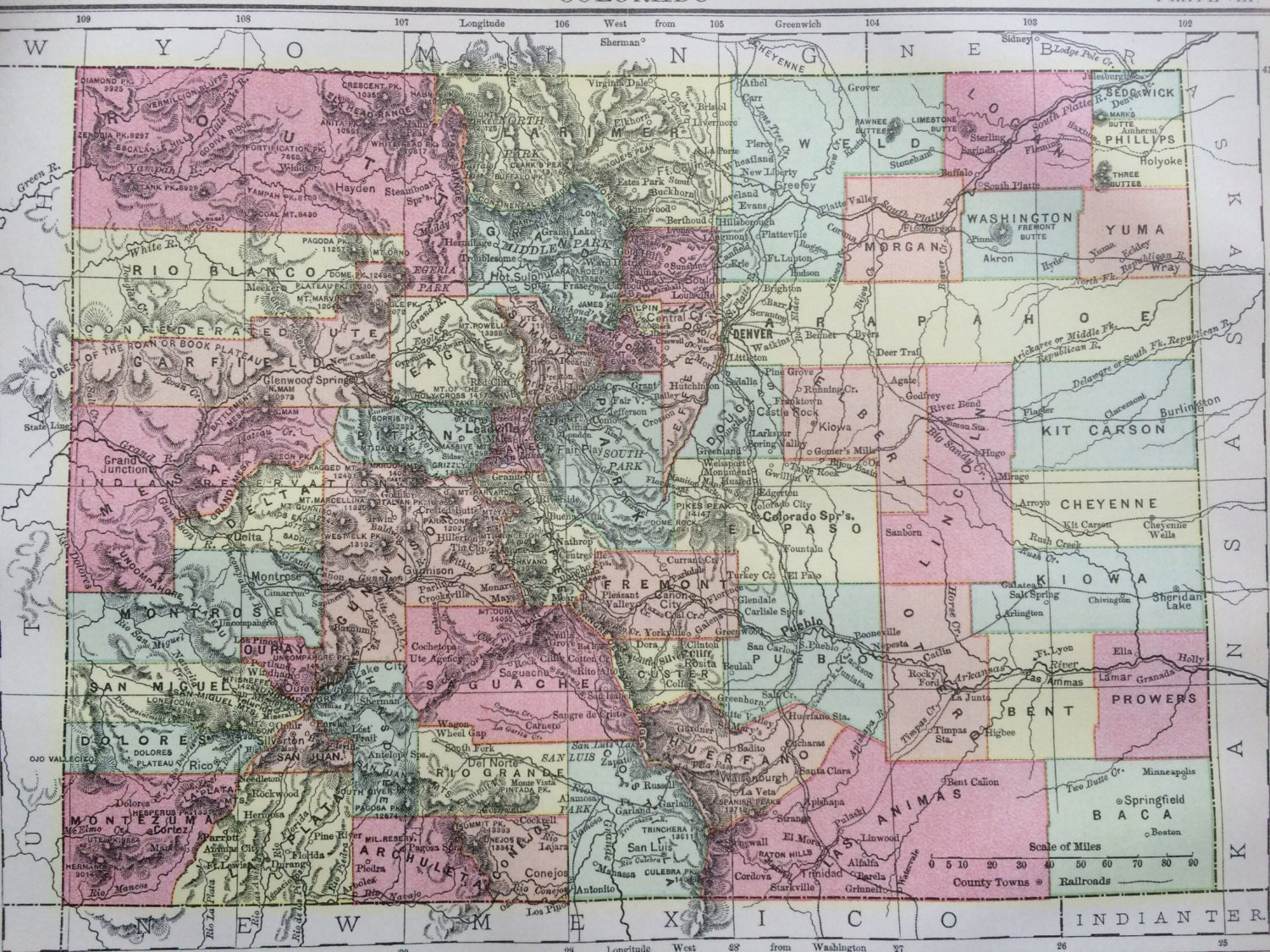 1875 COLORADO original antique map, cartography, geography, wall decor