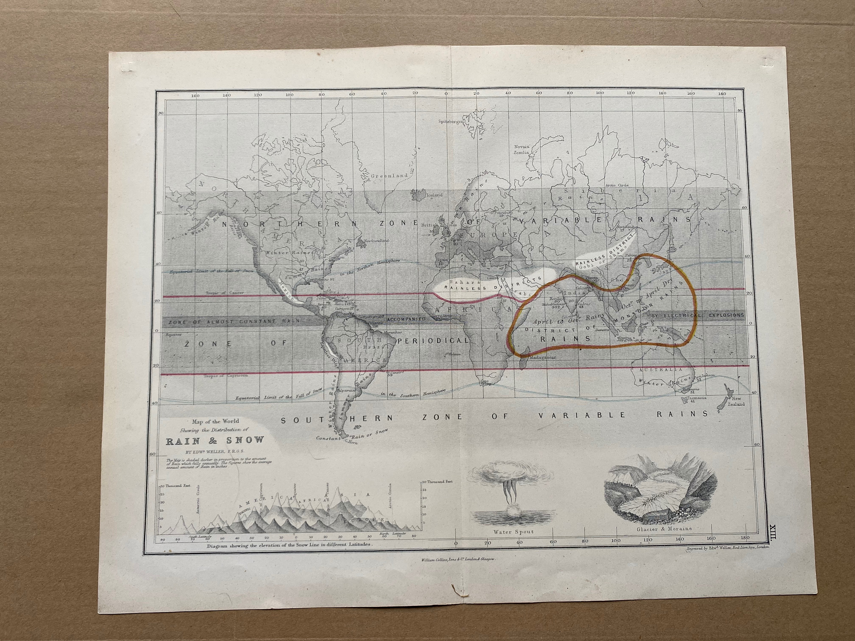 1871 Original Antique World Map showing the distribution of Rain and ...