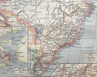 1897 Brazil Original Antique Map with inset maps of Central Brazil and Rio de Janeiro - Mounted and Matted - Available Framed