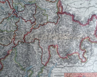 1903 Eastern Switzerland & The Engadin Large Original Antique Map with inset tourist map of Switzerland, 15.5 x 20.5 inches, Harmsworth map