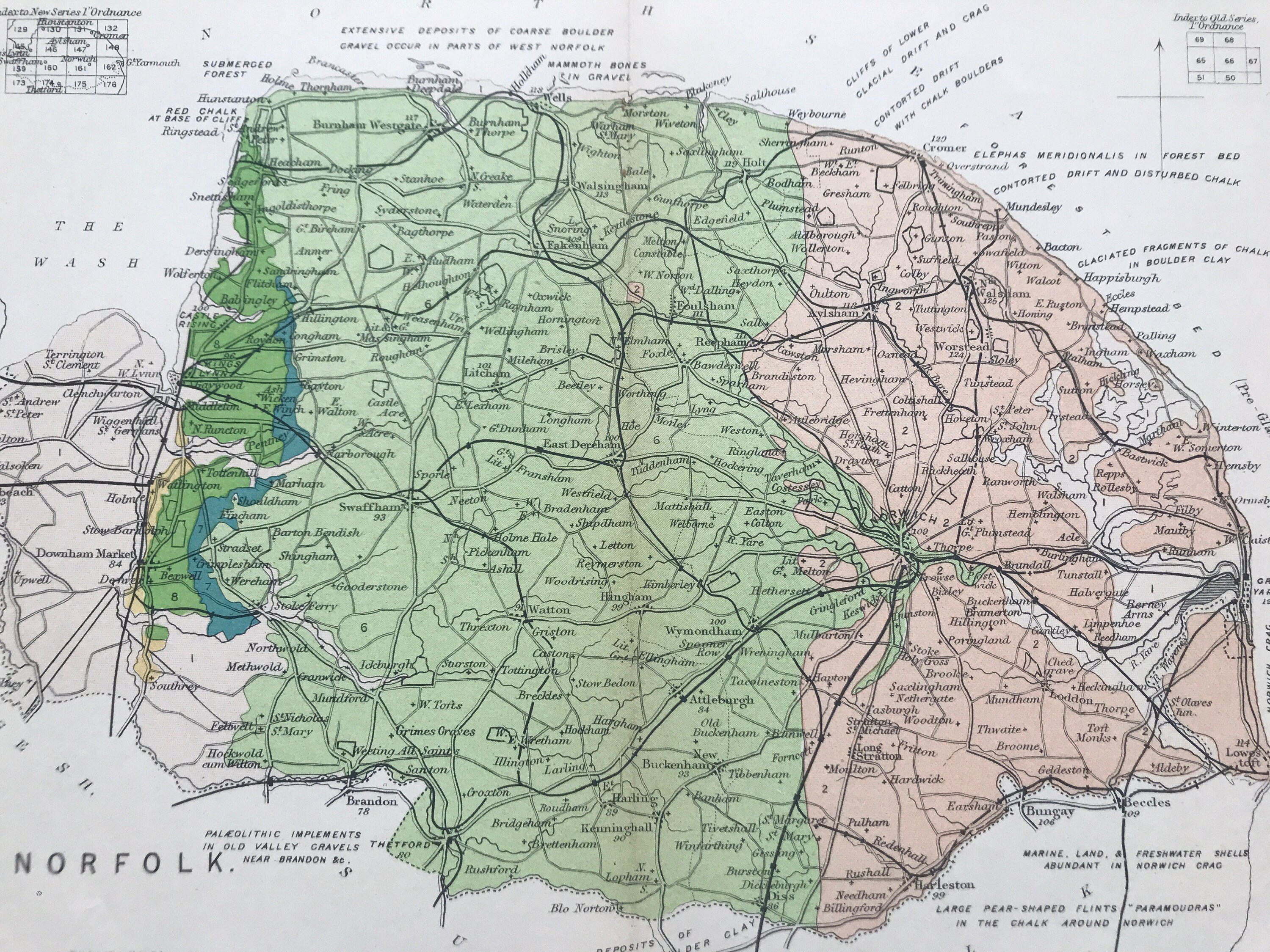 1913 Norfolk Original Antique Small Geological Map Uk County Map Geology Available Framed