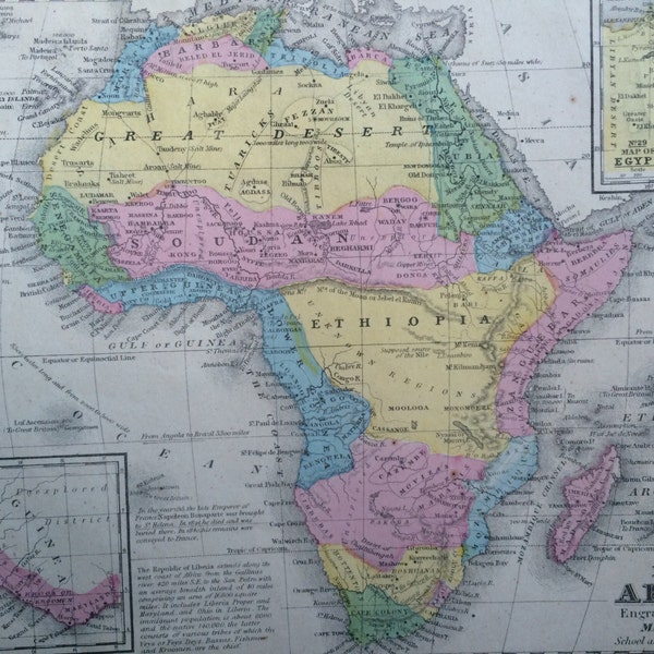 1855 Africa Original Antique hand coloured Map with inset maps of Egypt and Liberia - Available Mounted and Matted