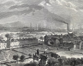 1864 Great Sheffield Flood, from the Langsett Road showing suburbs that were flooded Original Antique Engraving - Available Framed