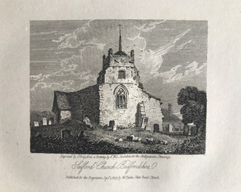 1816 Salford Church, Bedfordshire Small Original Antique Engraving - Architecture - England - Mounted and Matted - Available Framed