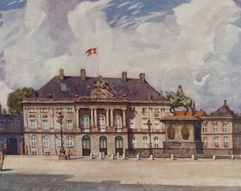 1928 Denmark - Copenhagen, The Amalienborg Palace Original Antique Print - Mounted and Matted - Available Framed