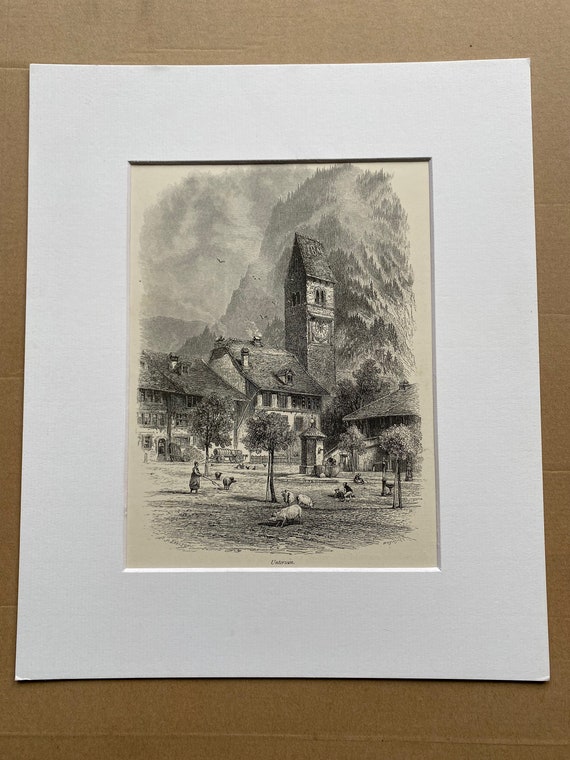 1876 Unterseen Original Antique Engraving - Switzerland - Mounted and Matted - Available Framed