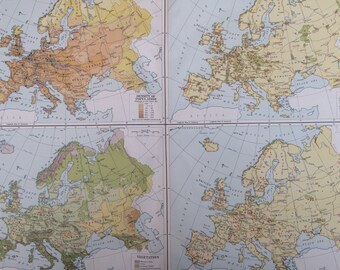 1920 Europe Extra Large Original Antique Map with inset maps showing Density of Population, Manufactures, Vegetation and Minerals