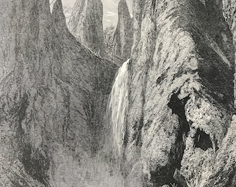 1895 Tower Falls, Yellowstone Valley Original Antique Wood Engraving - Mounted and Matted - Waterfall - Decorative Art - Available Framed