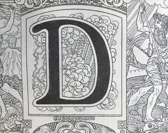 1923 Letter D Art Nouveau Original Antique Print - Mounted and Matted - Decorative Art - Alphabet - Gift Idea - Name Day Present