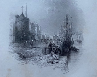 1840 The Quay at Waterford Original Antique Engraving - Ireland - Mounted and Matted - Available Framed