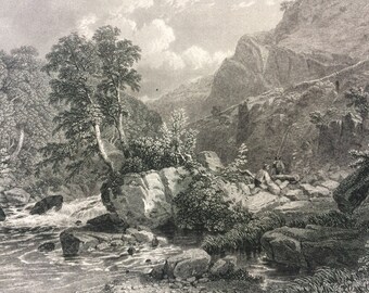 1876 On the Lynn, Devon? Original Antique Steel Engraving - Mounted and Matted - River - Available Framed - Wall Decor - England