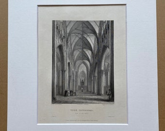 1836 York Cathedral - View of the Nave Original Antique Engraving - Architecture - Mounted and Matted - Available Framed