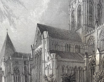1836 York Cathedral - Northern Transept, Central Tower Original Antique Engraving - Architecture - Mounted and Matted - Available Framed