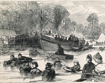 1883 Trial of Life-Saving Apparatus on the Serpentine, Hyde Park Original Antique Print - Life Vest - Mounted and Matted - Available Framed