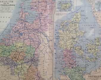 1873 Belgium, The Netherlands and Denmark Original Antique Map - Available Framed