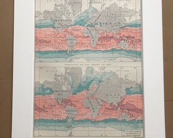 1897 Sea Water Temperature in February and August Original Antique Map - Meteorology - Oceanography - Mounted and Matted - Available Framed