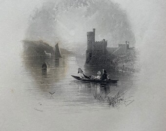 1840 Black Rock Castle, Cork Original Antique Engraving - Ireland - Landscape Scenery - Mounted and Matted - Available Framed
