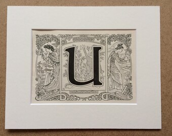 1923 Letter U Art Nouveau Original Antique Print - Mounted and Matted - Decorative Art - Wall Decor - Gift Idea - Name Day Present