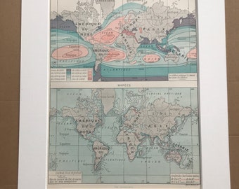 1897 Sea Water Salinity and Tides Original Antique Map - Meteorology - Oceanography - Mounted and Matted - Available Framed