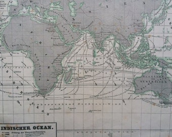 1861 Indian Ocean Original Antique Hand-Coloured Engraved Map - E.Von Sydow German Atlas - Available Framed