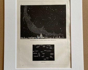 1869 The Midnight Sky at London - February Original Antique Print - Mounted and Matted - Available Framed - Astronomy - Star - Constellation