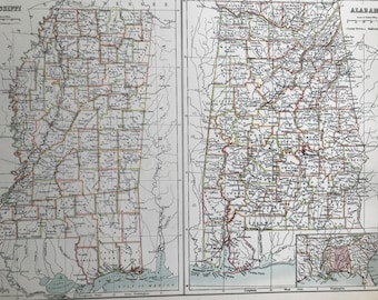 1898 Mississippi and Alabama Large Original Antique A & C Black Map - United States - Victorian Wall Decor - Wedding Gift Idea