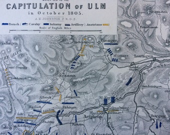 1875 Map of the Operations which led to the Capitulation of Ulm Original Antique Matted Map - Military History - Napoleonic Wars