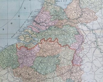 1901 NETHERLANDS, BELGIUM & LUXEMBURG Large Original Antique Map, 22.5 x 14.5 inches, Home Decor, Cartography, Geography, Vintage Decor