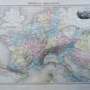 Mapa antiguo original del Imperio de Carlomagno de 1892 con grabado insertado de Aquisgrán, Nouvel Atlas Illustre, mapa del atlas francés