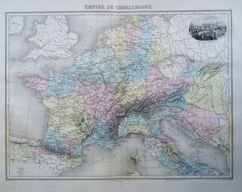 1892 Charlemagne Empire Original Antique Map with inset engraving of Aix-La-Chapelle, Nouvel Atlas Illustre, French atlas map