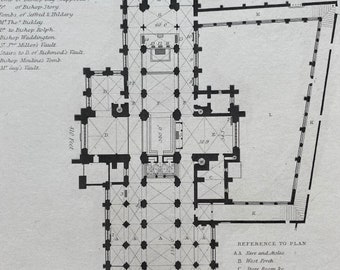 1838 Chichester Cathedral - Floor Plan Original Antique Engraving - Architecture - Mounted and Matted - Available Framed