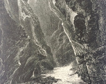 1876 Gorge of the Tamina, Pfaefers Original Antique Wood Engraving - Switzerland - Mounted and Matted - Available Framed