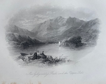 1840 MacGillycuddy's Reeks & the Upper Lake Original Antique Engraving - Ireland - Landscape Scenery - Mounted and Matted - Available Framed
