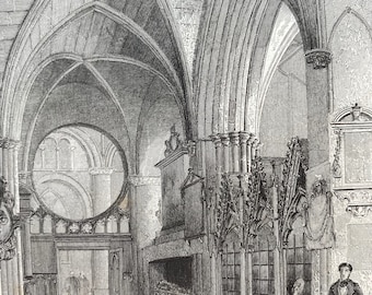 1838 Oxford Cathedral - North Aisle of Choir Original Antique Engraving - Architecture - Mounted and Matted - Available Framed