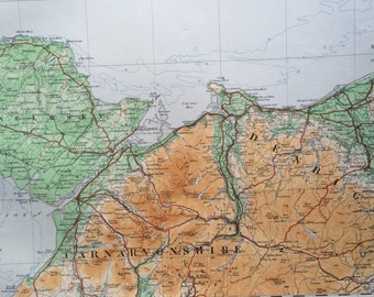 1922 North Wales, Carnavonshire, Anglesey, Denbighshire - Original Antique Panorama Map - Ordnance Survey