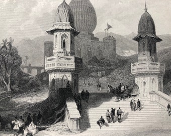 1871 Ghaut & Temple at Gokul Original Antique Steel Engraving - India - Mounted and Matted - Available Framed