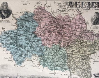 1890 Allier Original Antique Map - Department of France - Inset Steel Engraving - Decorative Art - Available Framed - Wall Decor