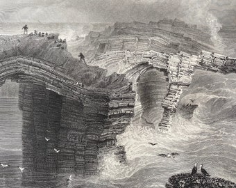 1840 Natural Bridges, near Kilkee Original Antique Engraving - Landscape Scenery - Ireland - Mounted and Matted - Available Framed