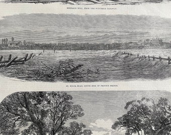 1864 Melbourne Floods - Emerald Hill, St Kild Road and Punt Road, Richmond Original Antique Engraving - Australia - Available Framed