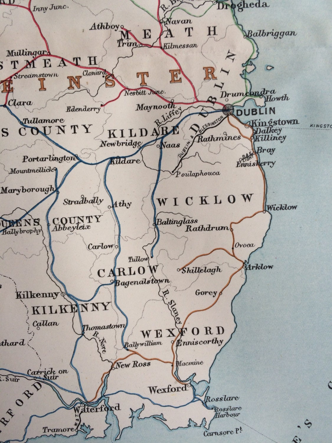 1903 Ireland Railway Systems Large Original Antique Map with inset map