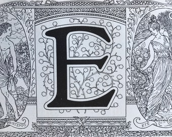 1923 Letter E Art Nouveau Original Antique Print - Mounted and Matted - Decorative Art - Alphabet - Gift Idea - Name Day Present