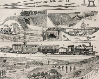 1923 Railway Original Antique Print - Mounted and Matted - Decorative Art - Wall Decor - Railroad - Train - Locomotive - Technology