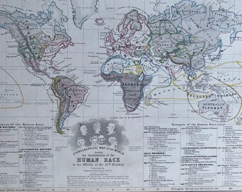 1853 Ethnographical Map of the World showing the distribution of the Human Race Original Antique World Map - Ethnology - Available Framed