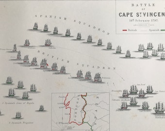 1875 Battle of Cape St Vincent, 1797 Original Antique Map - Sea Battle - Navy - Battle Map - Military History - Available Framed