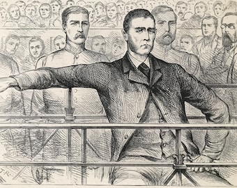 1883 O'Donnell, the alleged murderer of James Carey, at Bow Street Police Court Original Antique Print - Phoenix Park Murders Dublin