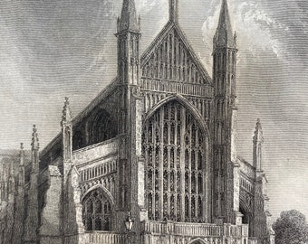 1836 Winchester Cathedral - West Front Original Antique Engraving - Architecture - Mounted and Matted - Available Framed