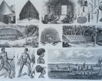1870 Pacific Islanders Large Original Antique Engraved Illustration - Ethnography - Anthropology - New Caledonia - Solomon Islands