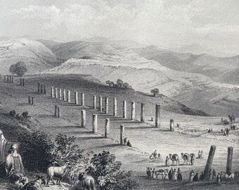1874 Colonnade at Sebast, Samaria Original Antique Print - Israel - Palestine - Mounted and Matted - Available Framed